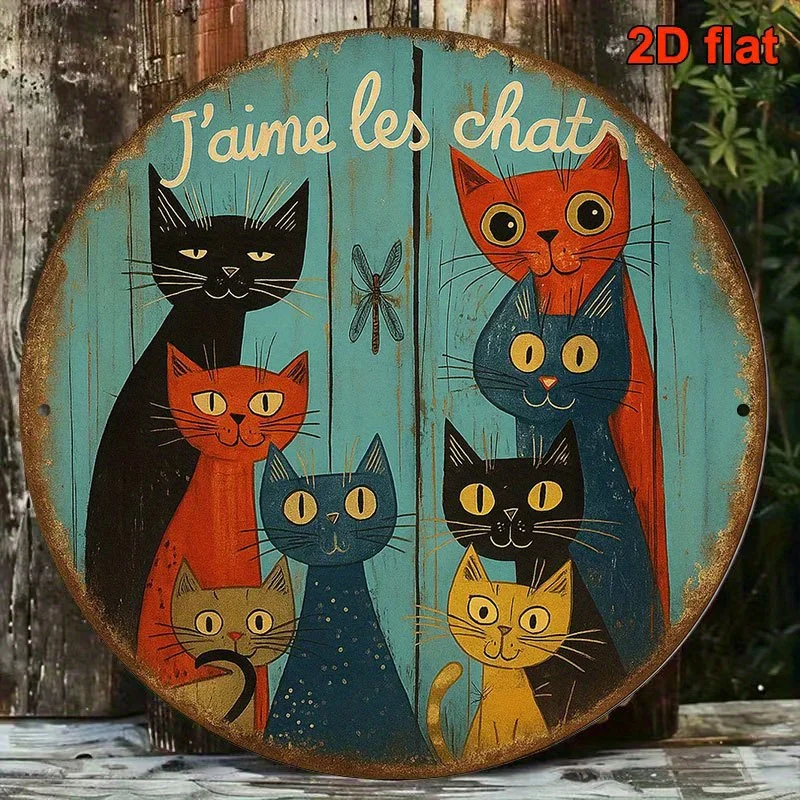 Letrero de aluminio 2D plano vintage francés con la frase 'Je t'aime mon chat' (I Love My Cat) - Redondo de 8x8 pulgadas, estilo retro francés