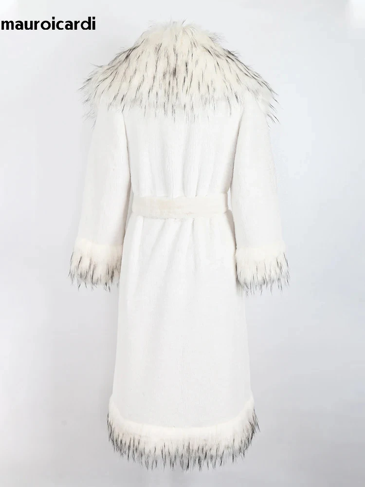 Mauroicardi Winter Long White Thick Warm Luxury Elegant Fluffy Faux Fur Coat Women with Fake Fox Fur Trim Sashes Furry Overcoat