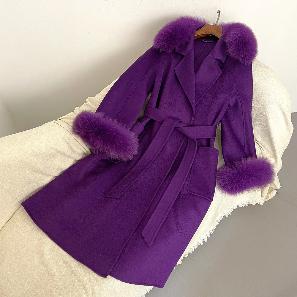 OFTBUY Fuchspelzmantel für Damen, Wolle, natürlich, echter Fuchspelzkragen, Winterjacke, Damengürtel, warme Oberbekleidung, Streetwear 2024