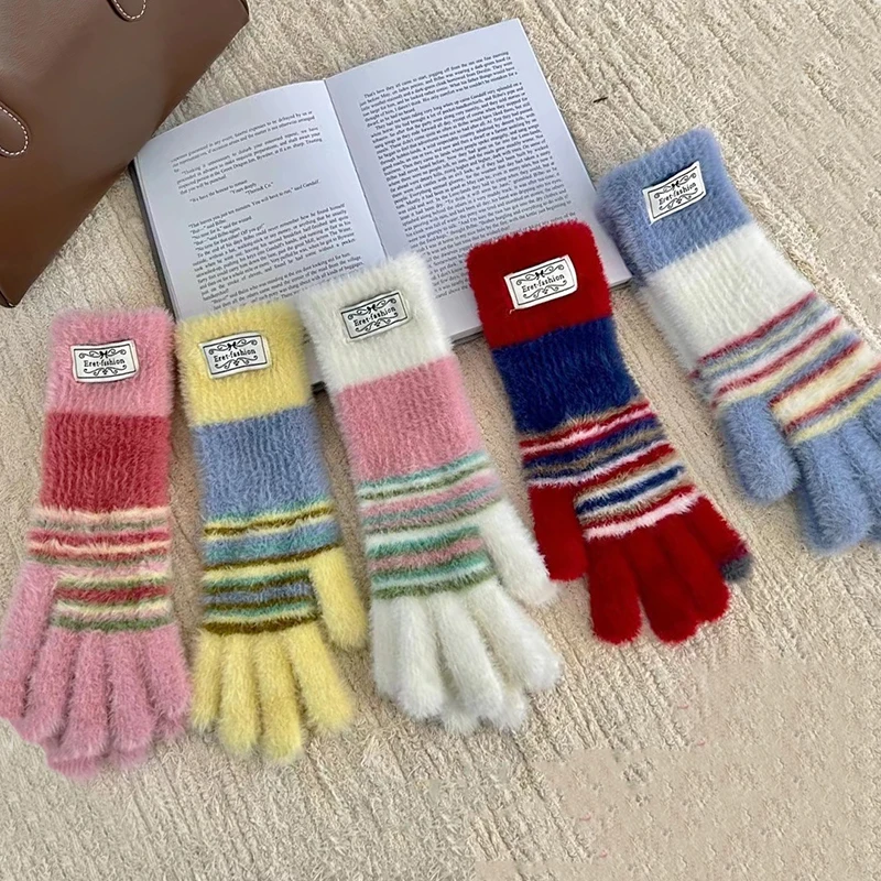 Korean Design Stripe Velvet Gloves For Women Fashion Girl Soft Warm Mittens Knitted Trendy Hand Warmer Skiing Riding Windproof