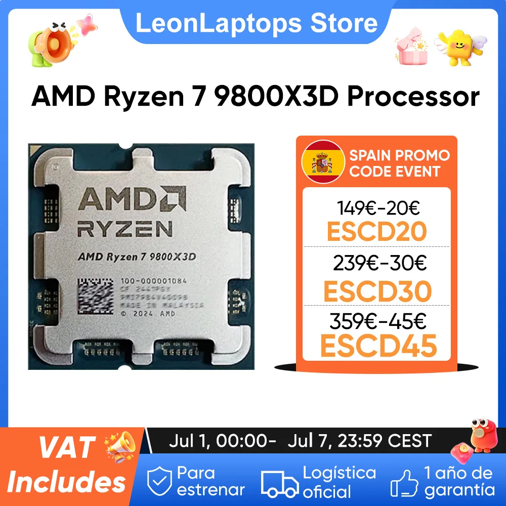 【新品未開封】AMD Ryzen 7 9800X3D CPU PROCESADOR AMD Ryzen 7 9800X3D, 8 núcleos, 16 hilos, 104MB, caché