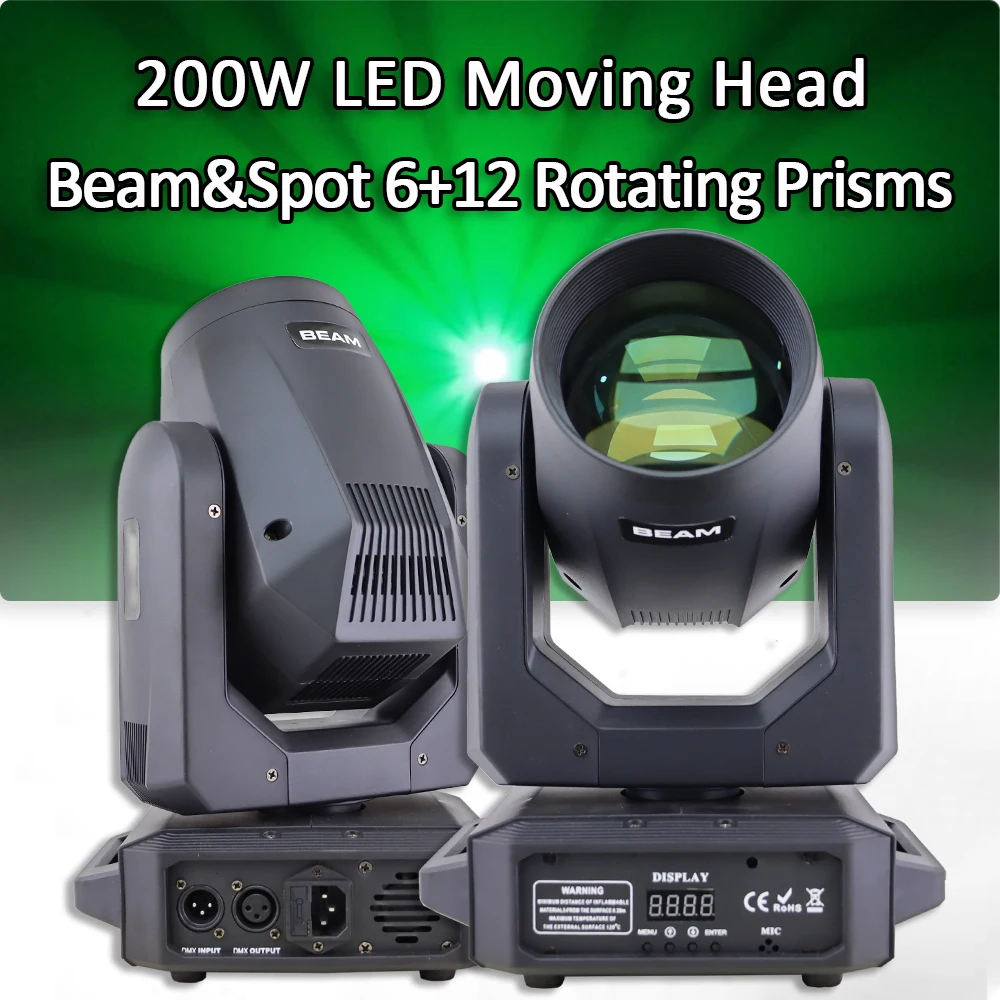 Moving Head LED Light Beam Spot, prismas rotativas, 12 Gobos, 8 + 6 cores, efeito arco-íris para DJ Disco, festa de casamento Show, 200W, 6 + 12