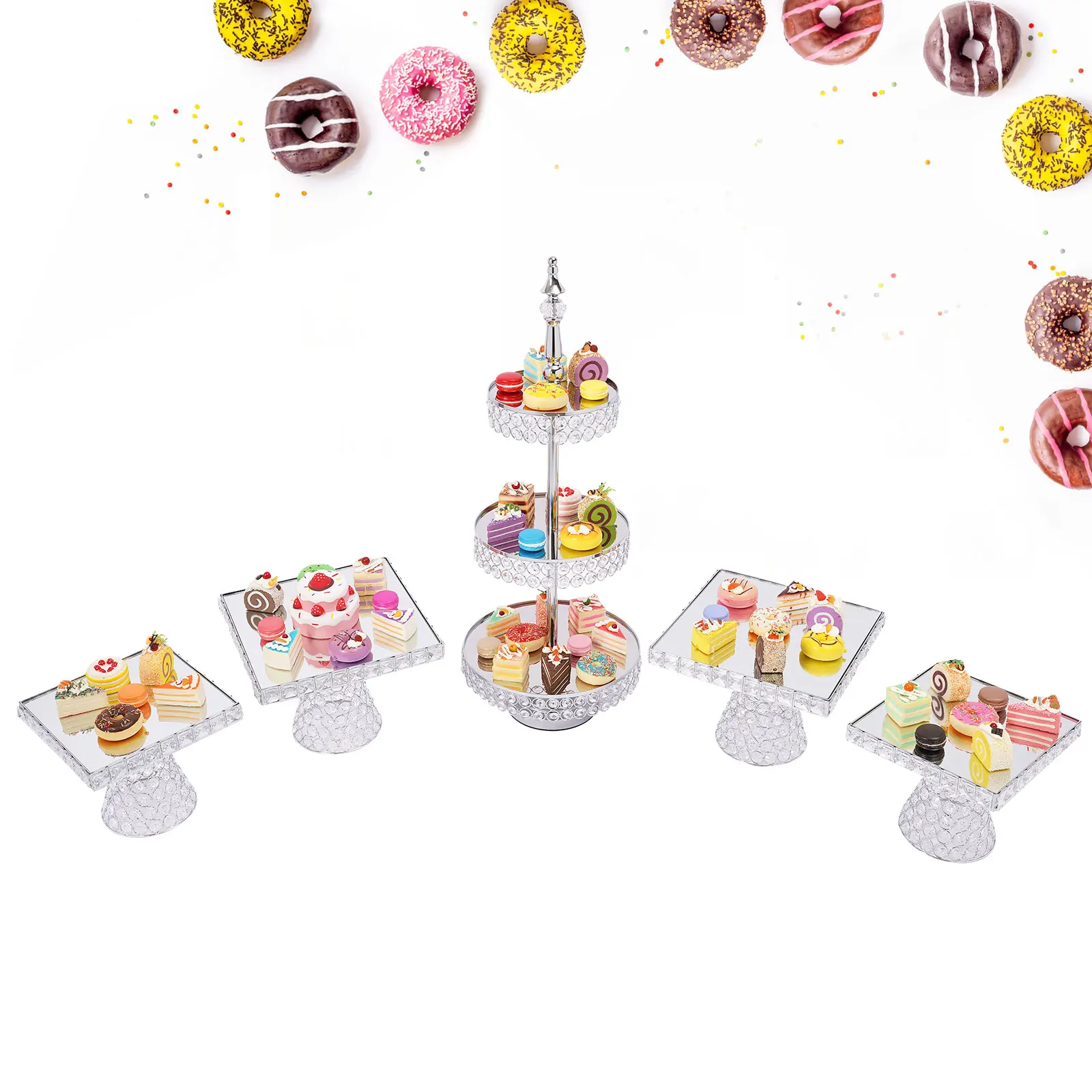 Cake Stands Set, 5-Piece, Silver Plating & Crystal Inlay, Perfect for Wedding Dessert Display