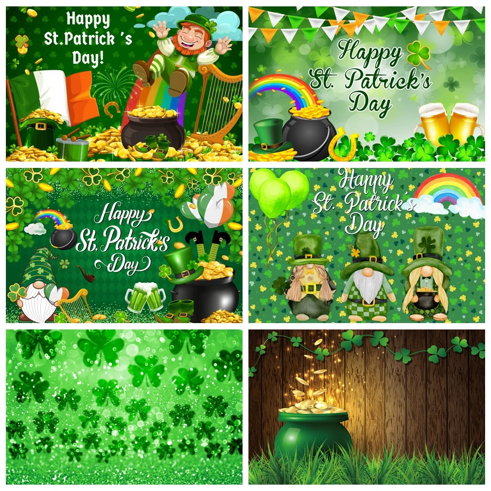 St. Patrick's Day Photography Backdrop Spring Ireland Lucky Green Shamrock Hat Rainbow Gold Coin Party Baby Shower Background