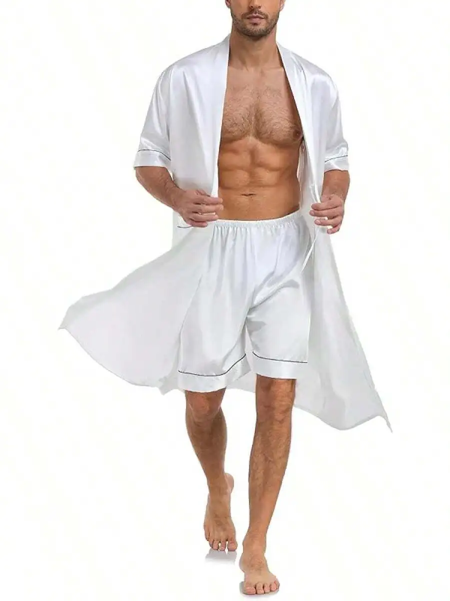 

Mens Satin Kimono Robe With Shorts Lightweight Sleepwear Set