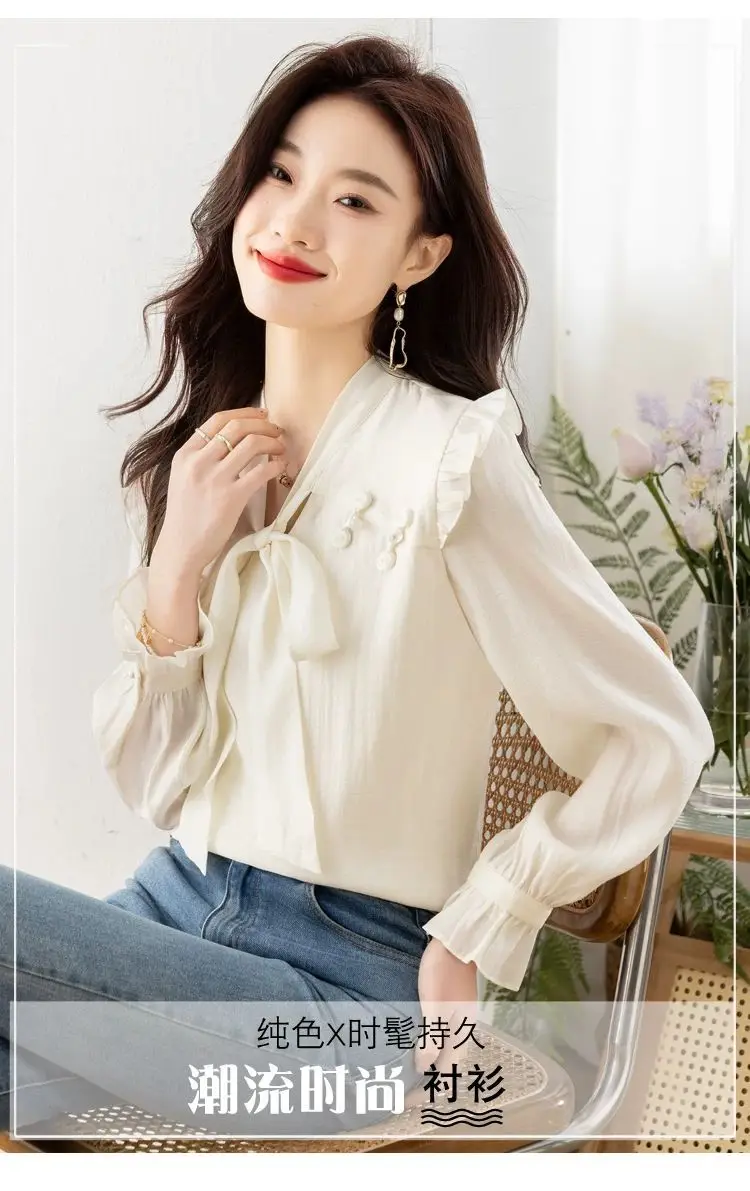 Butterfly Knot Long Sleeved Chiffon Shirt for Women New High-end and Chic Youthful and Stylish Small Shirt