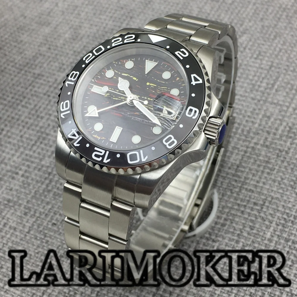 LARIMOKER 40MM GMT Orologio meccanico da uomo NH34 Vetro zaffiro Nero Grigio Lunetta in ceramica Meteorite Texture Quadrante Calendario luminoso