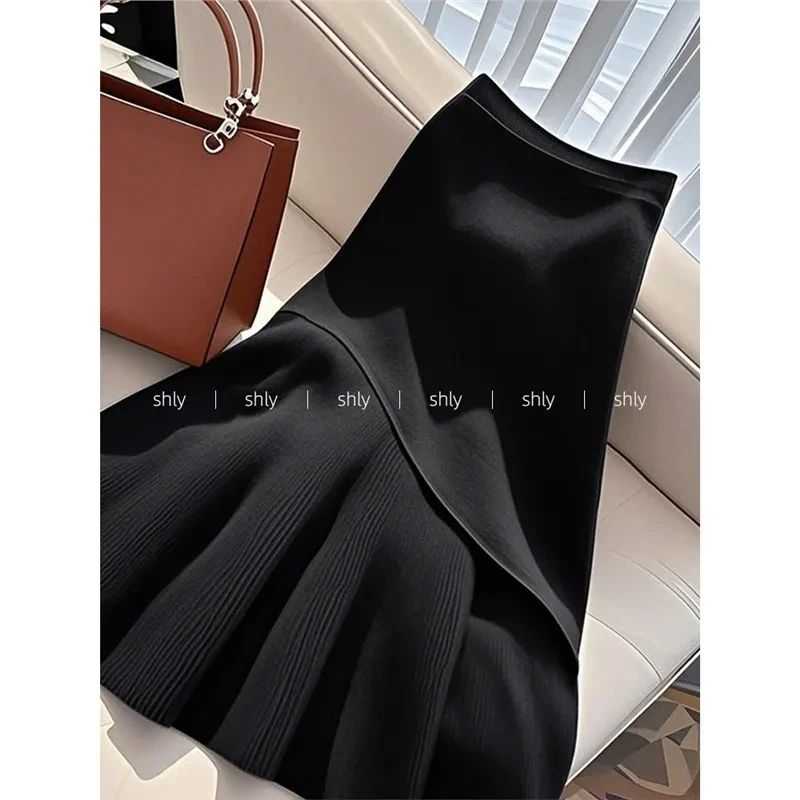 

Autumn Winter Black Splicing Skirts Women A-line Midi Skirt New High End Causal Loose Skirt High Waist Versatile