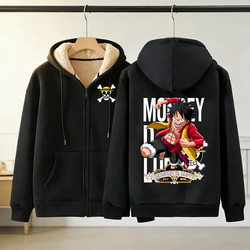 

One Piece Adult Zipper Jacket Men Women Winter Warm Clothes Cartoon Anime Hoodie Fashion Plush Sweatshirt Windproof Coat Gift