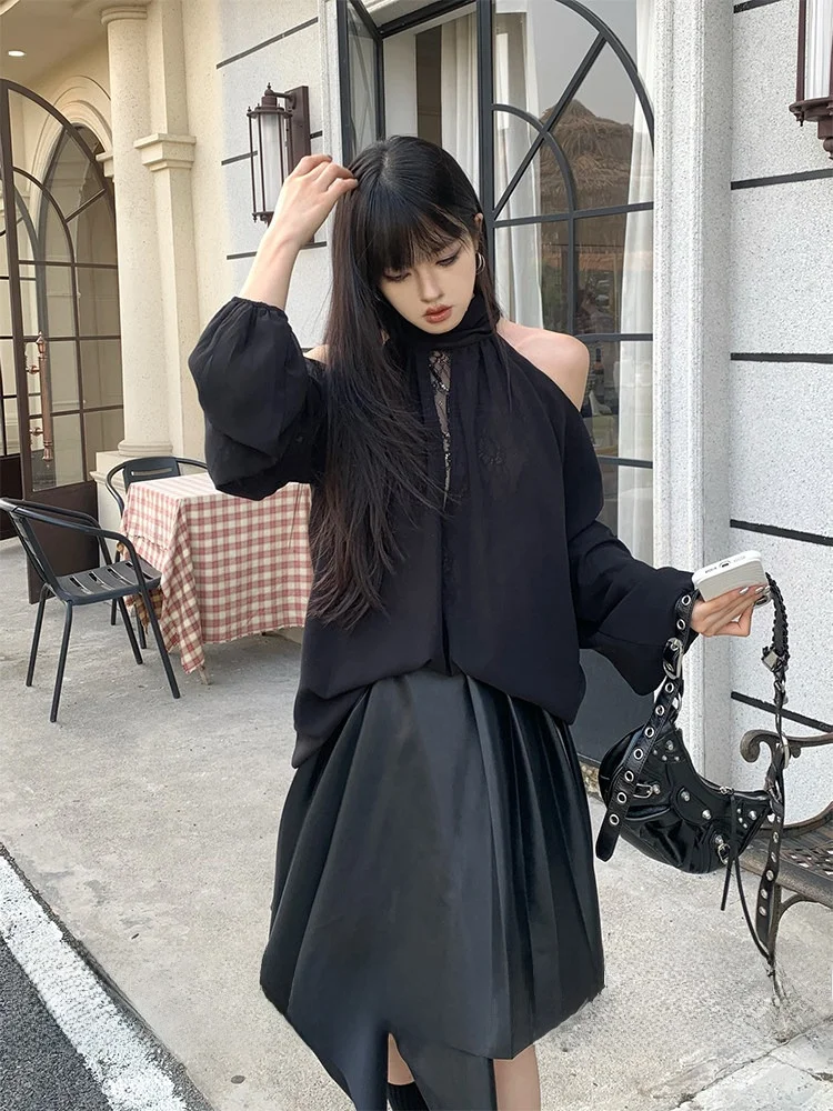 

Elegant Lace Shoulder Bared Long Sleeve Women's Top Summer Patchwork Sun Protection Hanging Neck Shirt Straight Cut Elegant S...