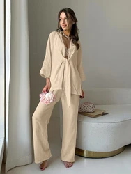 HiLoc Crape Cotton Apricot Pants Pajamas Sets For Women Lace-Up Robe Tops With Pants Two Pieces Outfits Autumn Homewear Suits