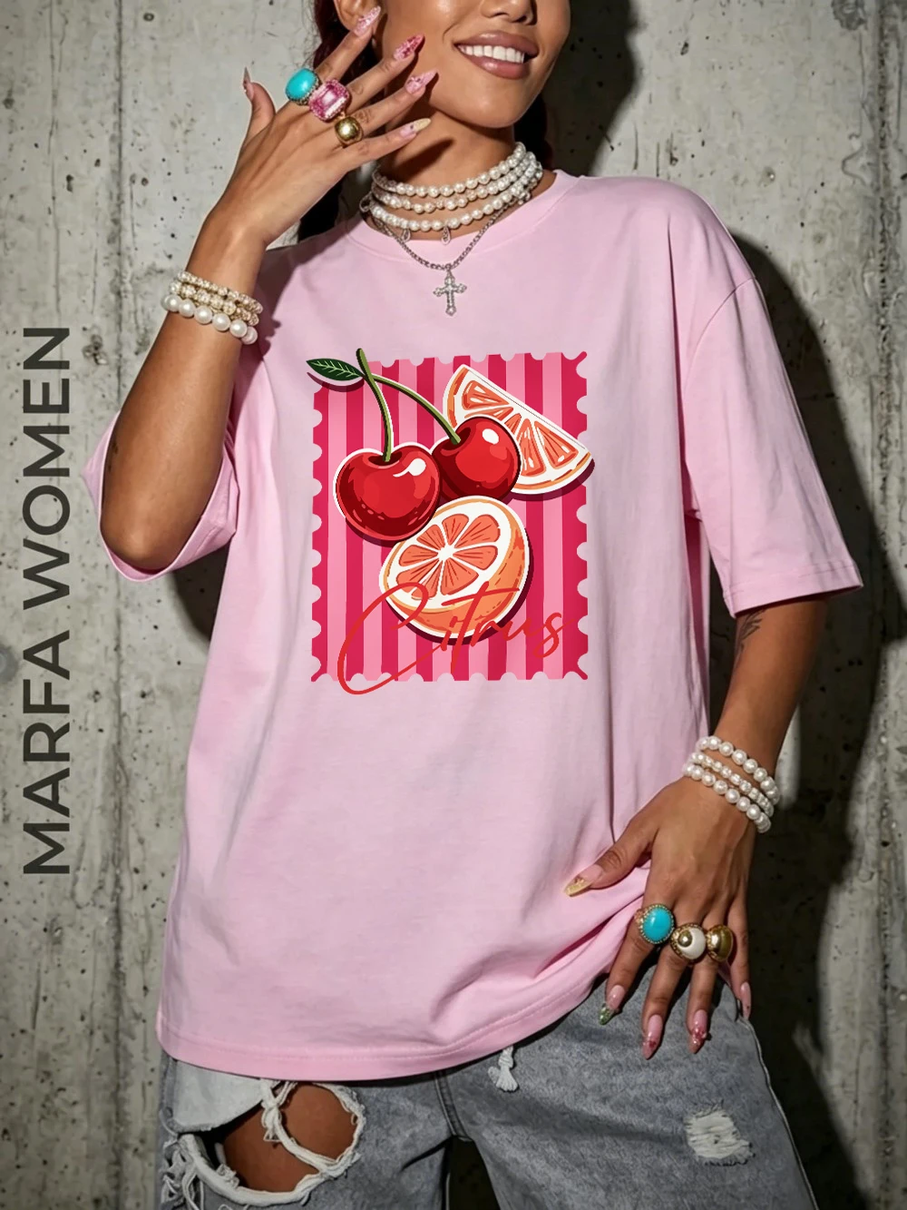 Rote Kirsch-Zitrus-Bedruckte T-Shirts aus Baumwolle für Damen, Sommerliche Oversize-Oberteile, Basic O-Neck Kurzarm-T-Shirts, Lässige Weiche Kleidung – Detail 15