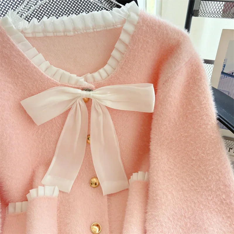 OCEANLOVE Sweet Ruffles Women Sweaters Autumn Winter Bow Korean Fashion Cardigans Contrast Color Elegant Sueter De Mujer