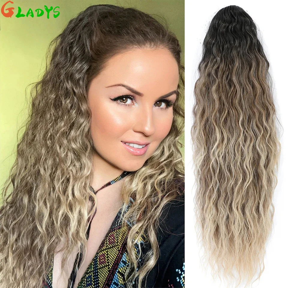 

26 Inch Deep Wave Drawstring Ponytail Water Wave Ponytail Hair Extensions Ombre Color Ponytail Synthetic Hair Heat Resistant