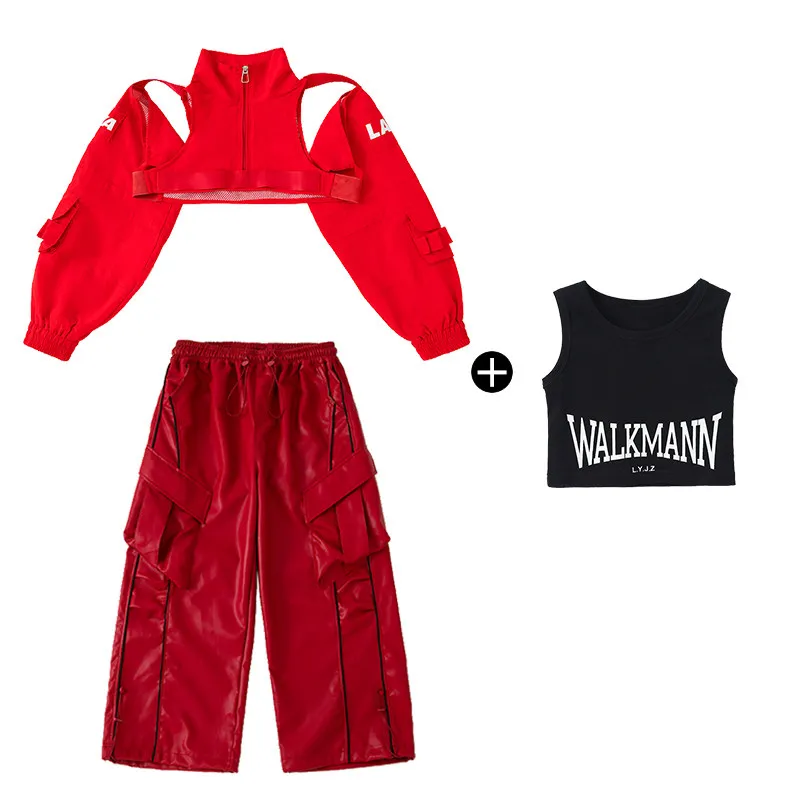 

Детские костюмы для бальных танцев и хип-хопа 2026: красные укороченные топы и кожаные брюки для девочек, комплект для джазовых выступлений и рейв-вечеринок DQS22308