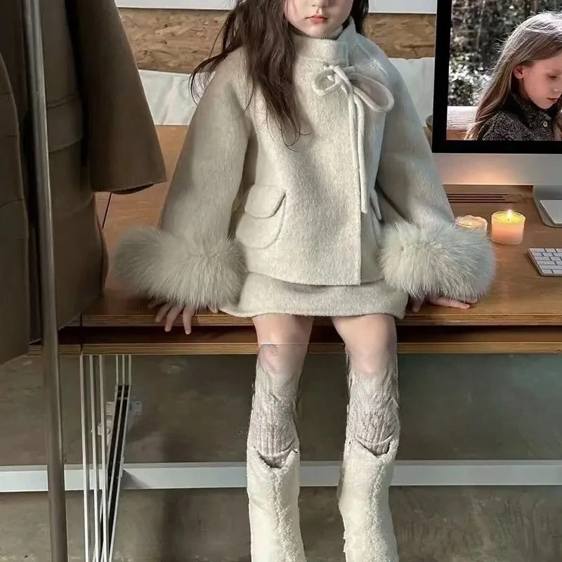 

Children Elegance Top Clothing Autumn Winter Girls Clothes Set Fashion Retro Woolen Coat Jacket+Short Skirt 2Pcs Suits Kids suit