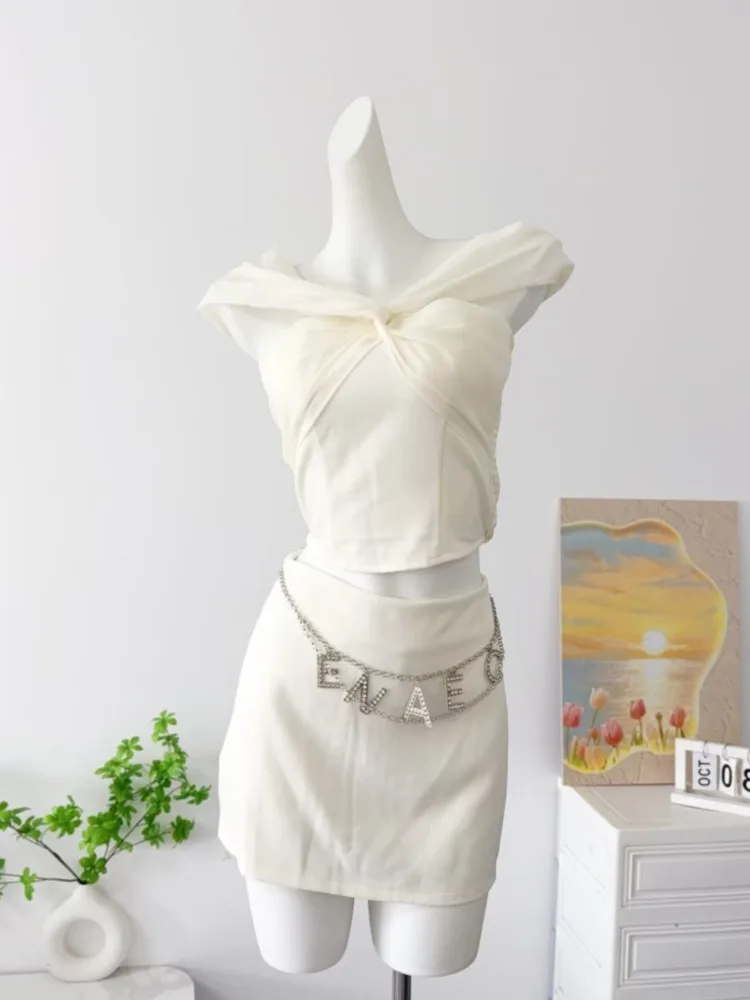 

Korean Elegant Two Piece Set Women Off Shoulder French Retro Shorts Skirt Suit Female Summer Office Lady Sweet Slim Set 2025 New