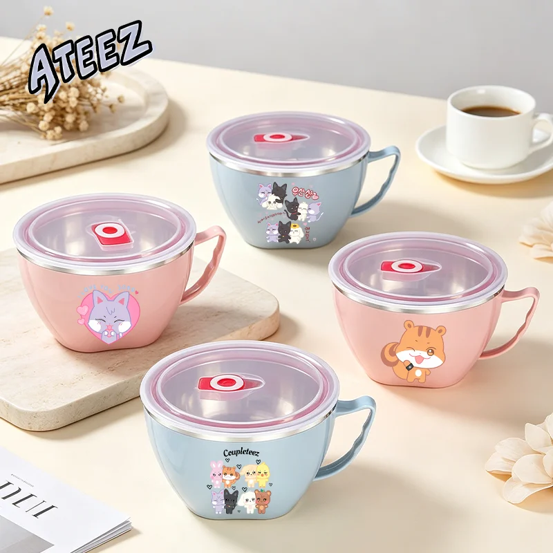 ATEEZ Edelstahl Instant-Nudelschüssel mit Deckel Cartoon-Druck Isolierte Suppenschüssel Lunchbox Niedliche Kpop Kantinen-Essensschüsseln
