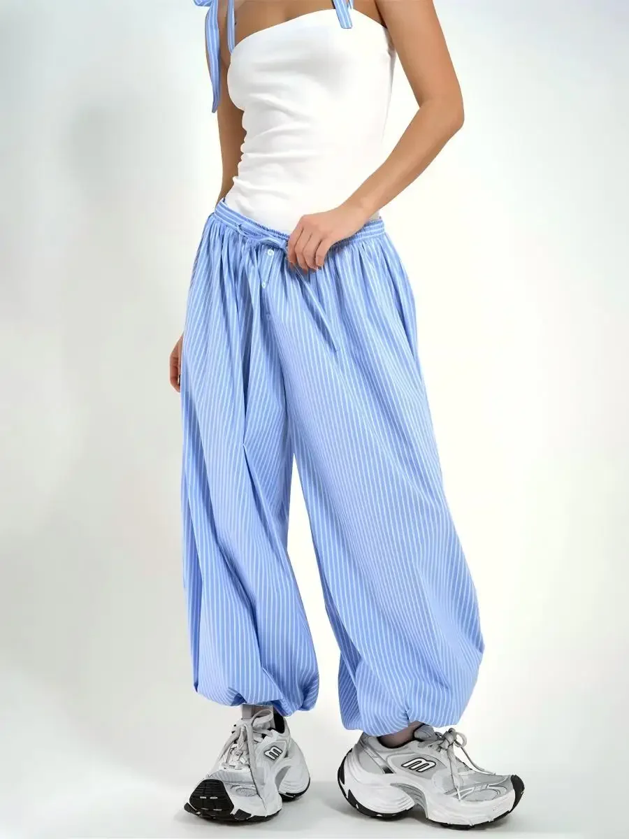 New Women's Cotton Thin Striped Baggy Lantern Pants  Fashion Elastic Waist Casual Streetwear Trousers