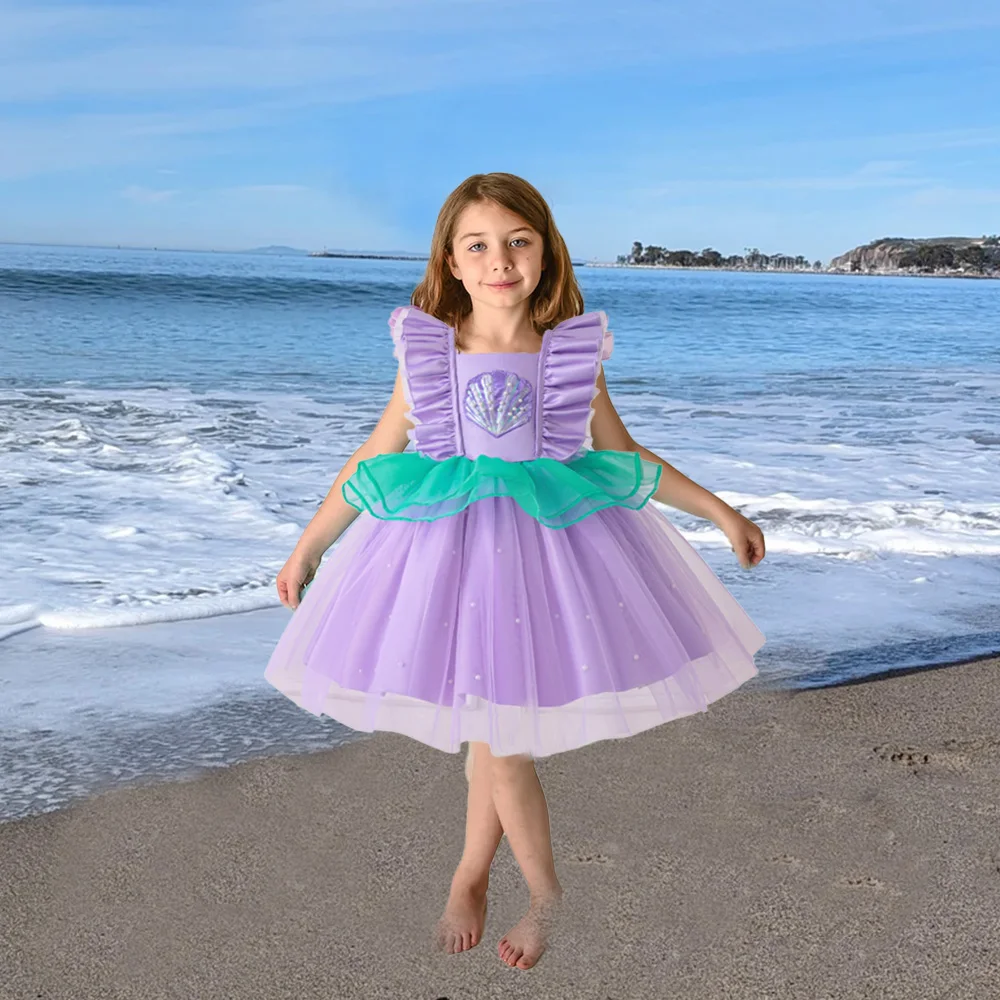 

Вечернее платье Русалочки с бисером для девочек, детское платье Ариэль с летающими рукавами на день рождения, элегантные фиолетовые платья для маленьких девочек, детская одежда