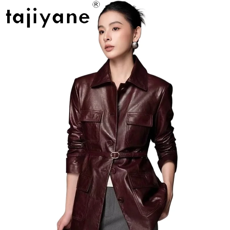 TAJIYANE Prawdziwa Skóra Owcza Olejowana Woskiem Kurtki Skórzane Czerwone Płaszcze Średniej Długości Dopasowane Kurtki Skórzane dla Kobiet Jesień 2025 Odzież шуба