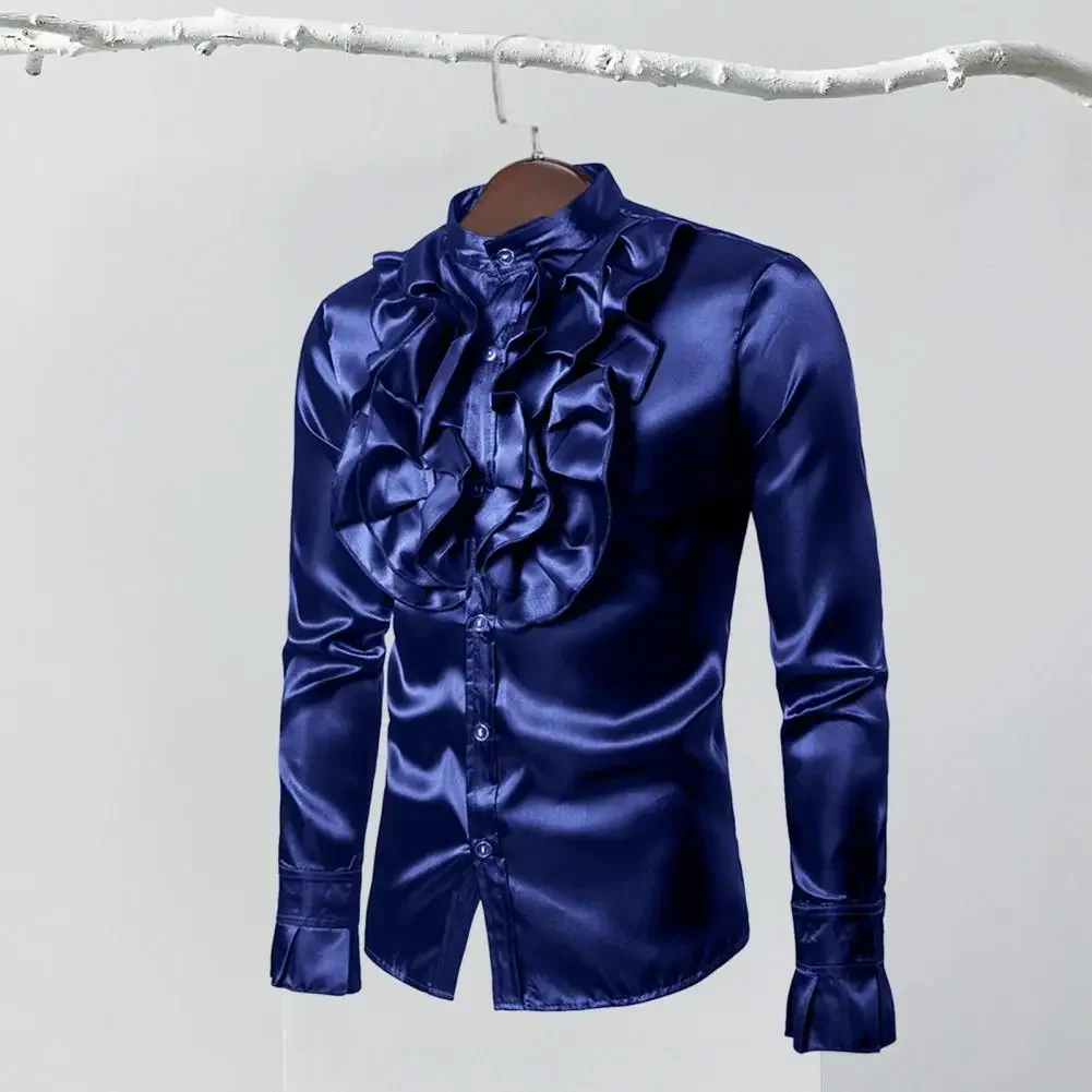 Men Vintage Formal Shirt Soft Cozy Men Top Vintage Men\'s Formal Shirt with Ruffle Stand Collar Button Closure Long Sleeves Stage