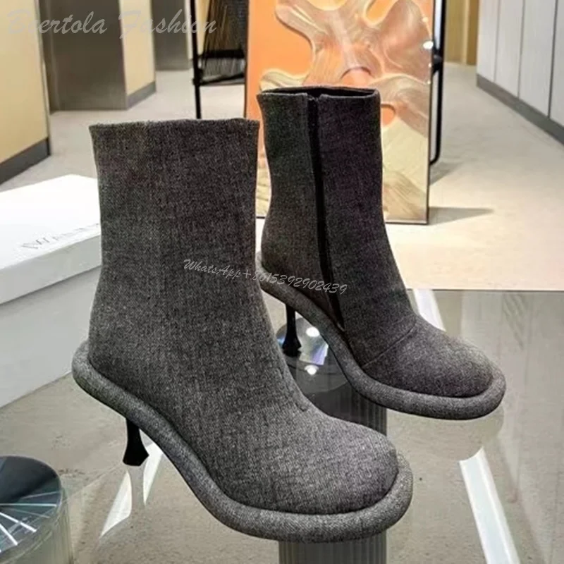 Women Blue Denim Large Stiletto Boots Black Leather Vintage Round Ankle Calf Booties Casual Dress Gray Knee Long Winter Shoes