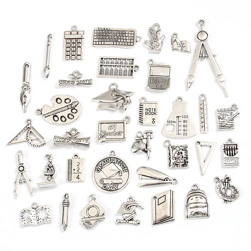 30pcs Random Mix Silver Color Book Bachelor Cup Pen Charms Paint Board Pendant Making School Supplies Jewelry Accessories
