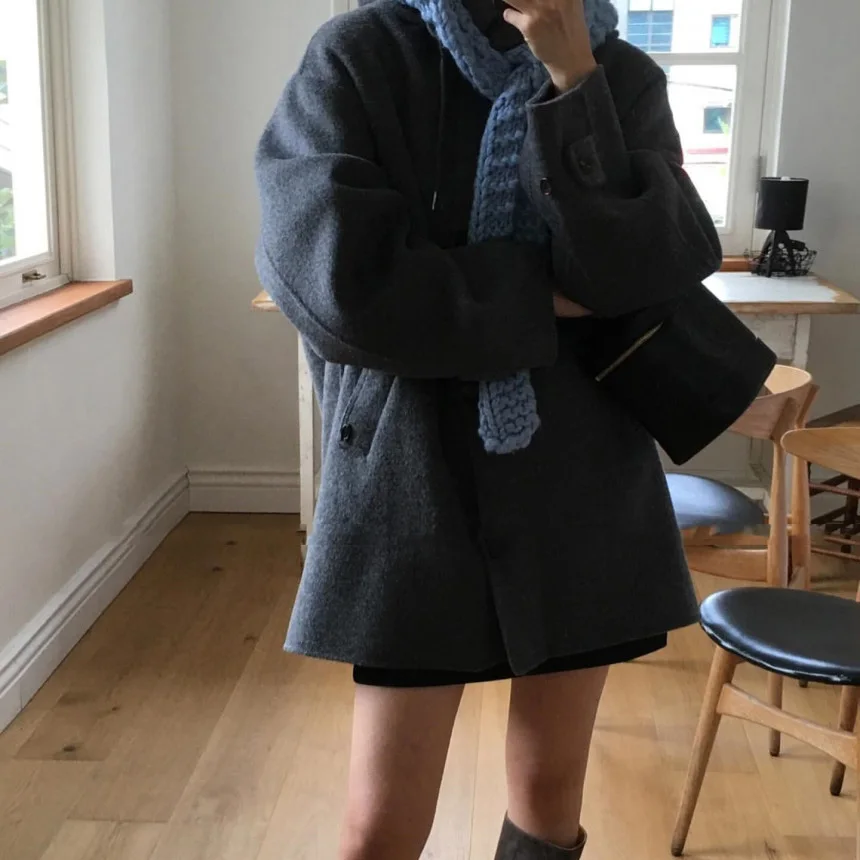 

Women's Autumn Winter Loose Fit Hooded Coat Korean Sle Retro Versatile Commute Straight Tube ape Large Coat