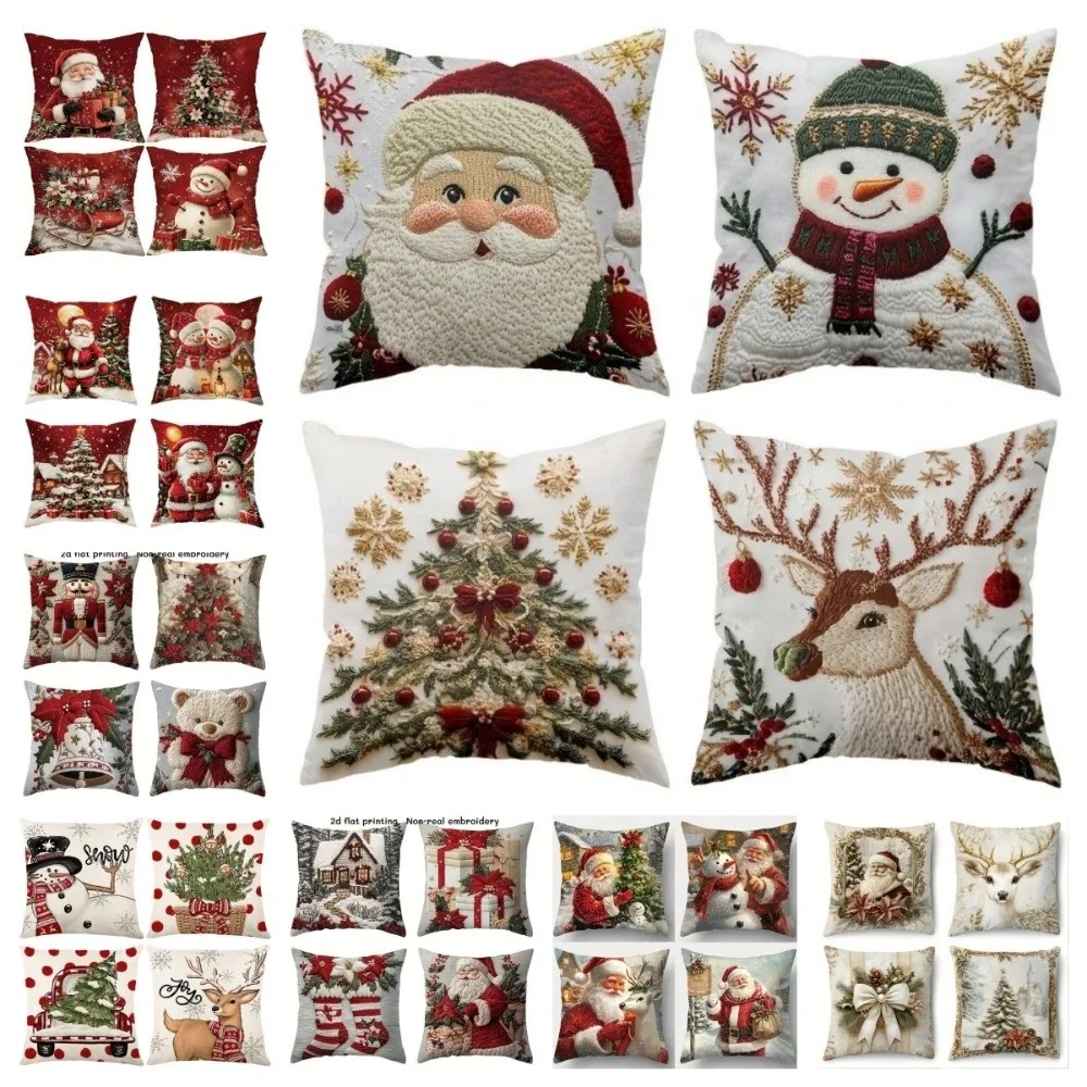 

New Christmas Throw Pillow Covers Non-Real Embroidery Santa Claus Pillow Case 45x45 Snowman Festive Pillowcase Party Decor