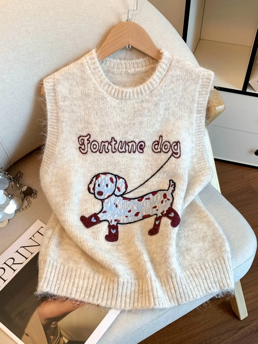 

Korean Sle Dog Embroidery Knitted Vest Women's Autumn Winter Faion Outerwear Design Sweater Vest Thiened Polyester Fiber