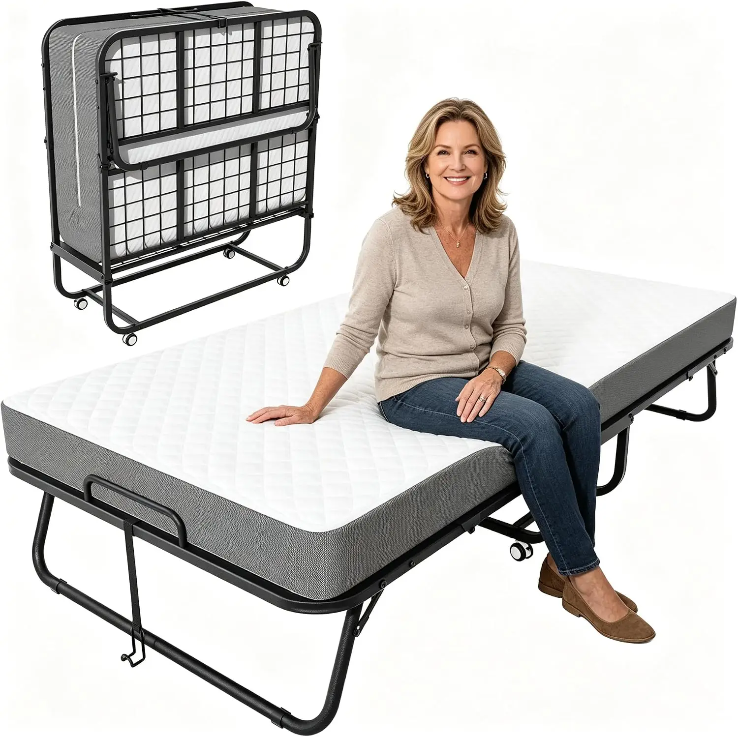 5-Inch Memory Foam Folding Twin Bed with 300 lb Capacity, Lockable Casters & Slim 14-Inch Folded Design for Easy Storage