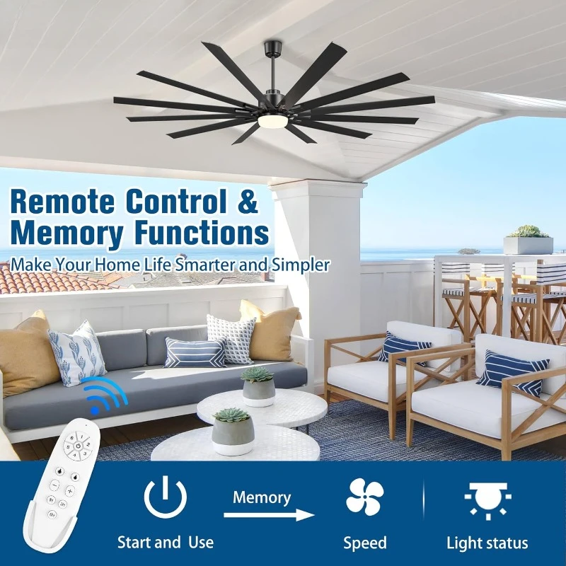 96 Inch Ceiling Fan with Light and Remote Control Indoor Outdoor Aluminum Ceiling Fan 12 Blades for Large Patio Office Store