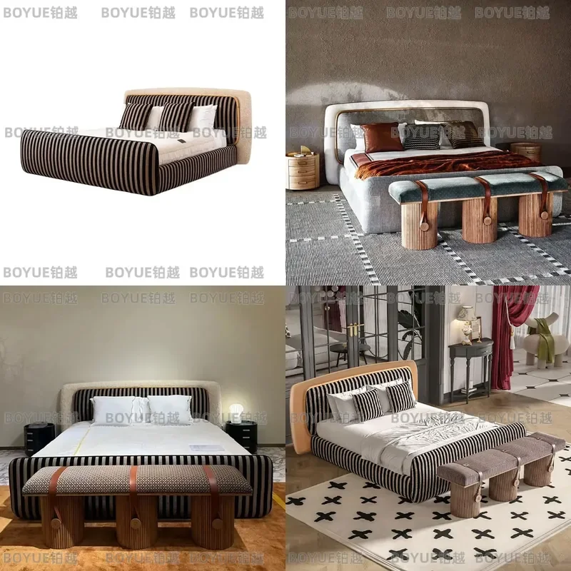 Modern Minimalist Luxury Fabric Double Bed for Master Bedroom Large Flat Floor High End Villa Style Soft Upholstered Platform