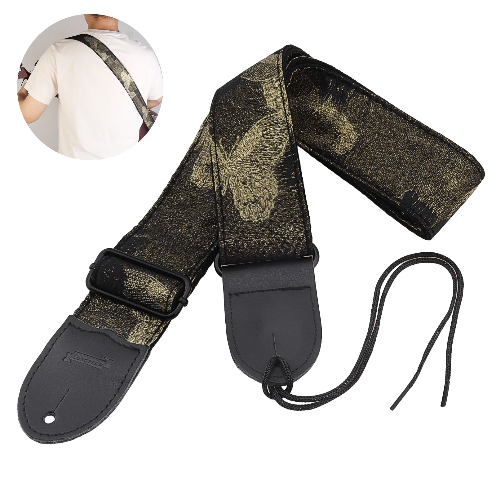 Embroidered Butterfly Guitar Strap for Acoustic Electric Guitar and Bass with Genuine Leather Ends, Adjustable Shoulder Strap