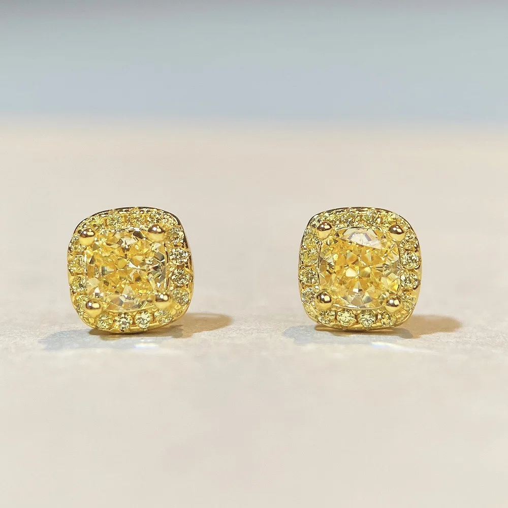 

S925 sterling silver retro yellow diamond stud earrings women's small sugar cube cute simple high-end fashion earrings