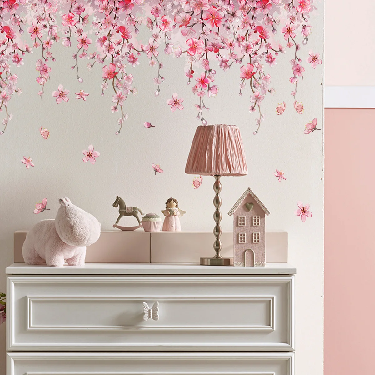 1pc Pink Flower Vine Cherry Blossom Wall Sticker For Living Room Be...