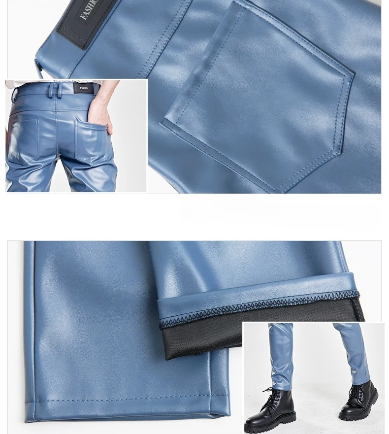 

2026 Men's Blue Stretch PU Trousers, Stylish Slim-fit Faux Leather Pants, Asian Sizes 28–40, Available in Red,Khaki,White,Black.