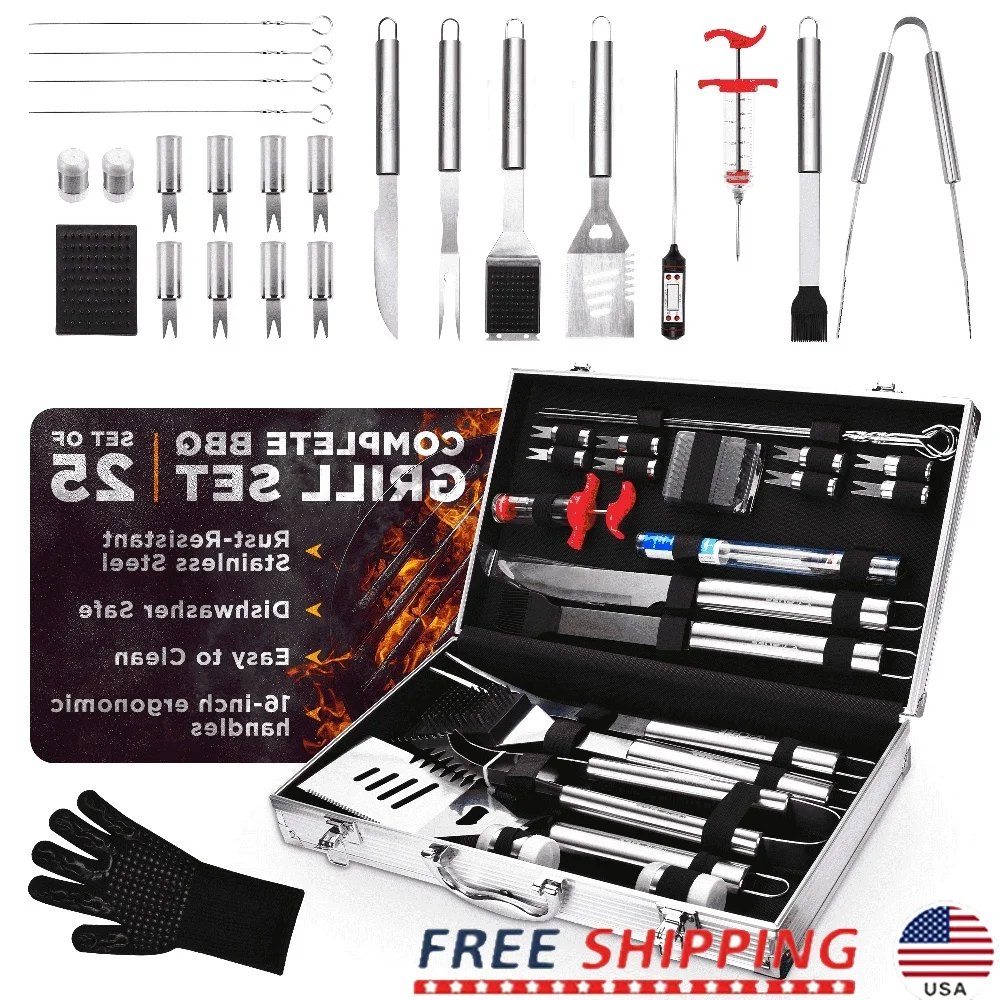 

Набор аксессуаров для гриля для барбекю, 25 предметов, инструменты из нержавеющей стали, портативный алюминиевый корпус, термометр для мяса, щипцы, лопатка, шампуры, перчатки