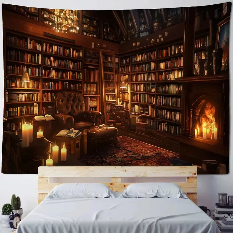 VIKAMA Ästhetische, verzauberte Bücherregal-Wandteppich |   Wanddekoration im Bibliotheksthema |   Perfekter Hintergrund für Wohnzimmer, Studentenwohnheim und Zuhause