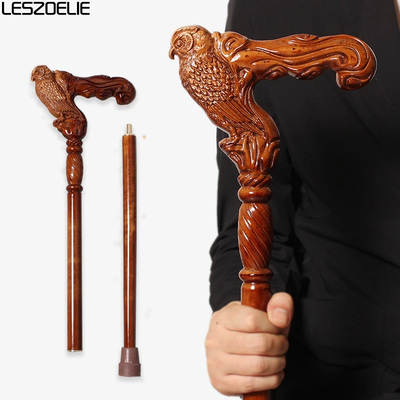 Elegante bastón de madera con mango de cabeza de búho desmontable en madera de haya alemana marrón rojizo para hombres y mujeres
