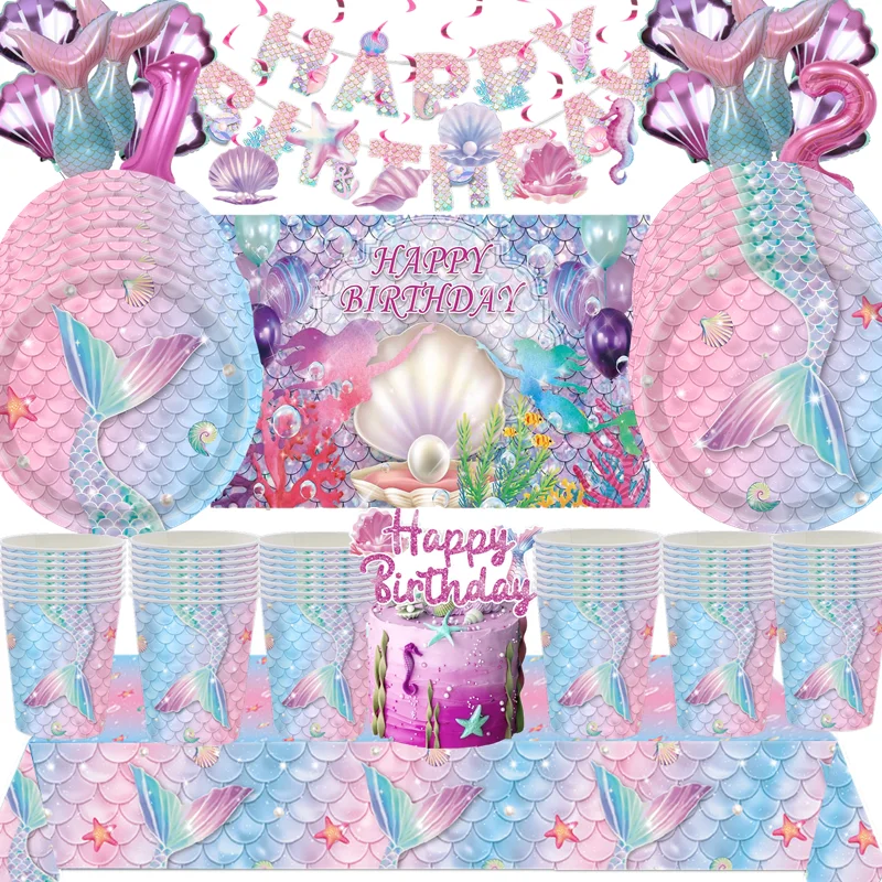 Mermaid Birthday Party Disposable Tableware Gradient Pink Blue Mermaid Tail Plates Napkins Little Girls Birthday Party Decor