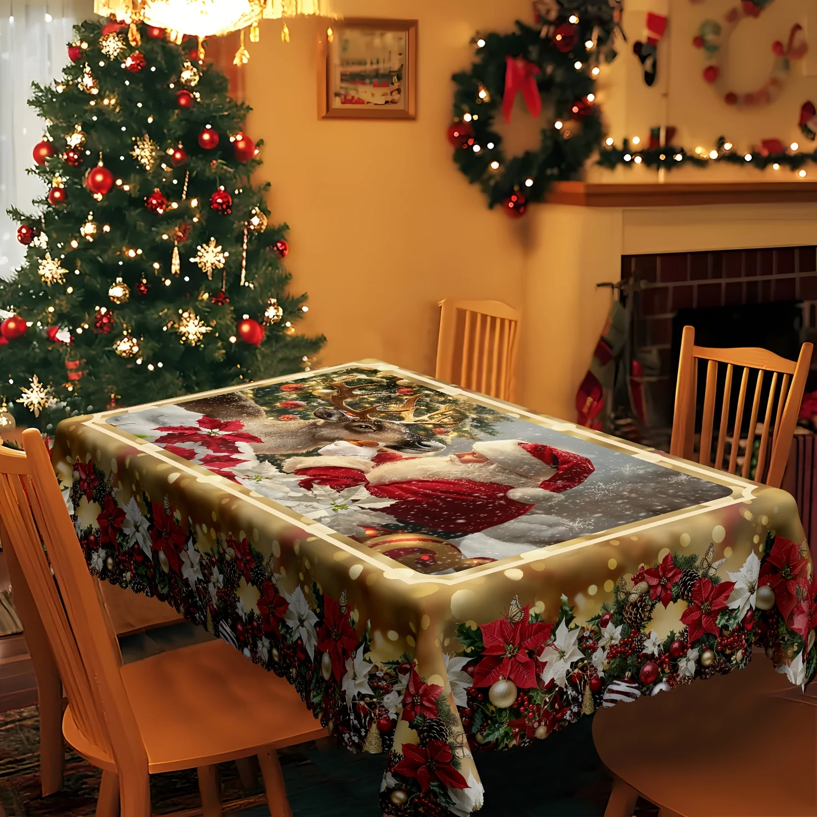 VIKAMA Christmas Tablecloth Rectangle Winter Floral Berry Waterproof Wrinkle Free Vintage Xmas Kitchen Dining Decor