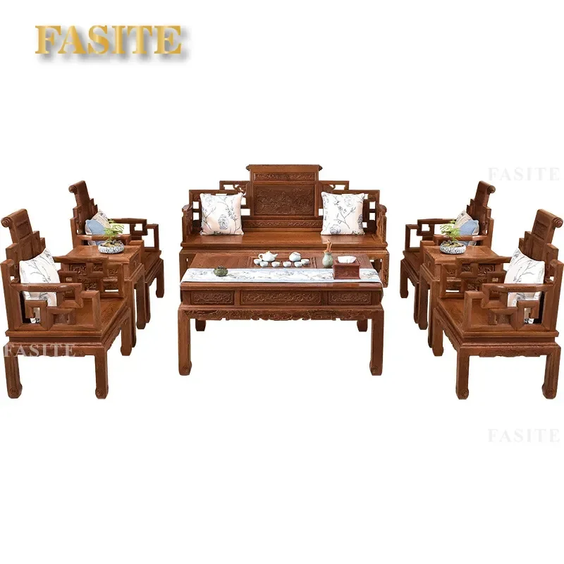For Living Room Chinese Style Mahogany Furniture Full Sofa Set Chicken Wing Wood 12 Piece Suite Traditional Solid Wood Couch