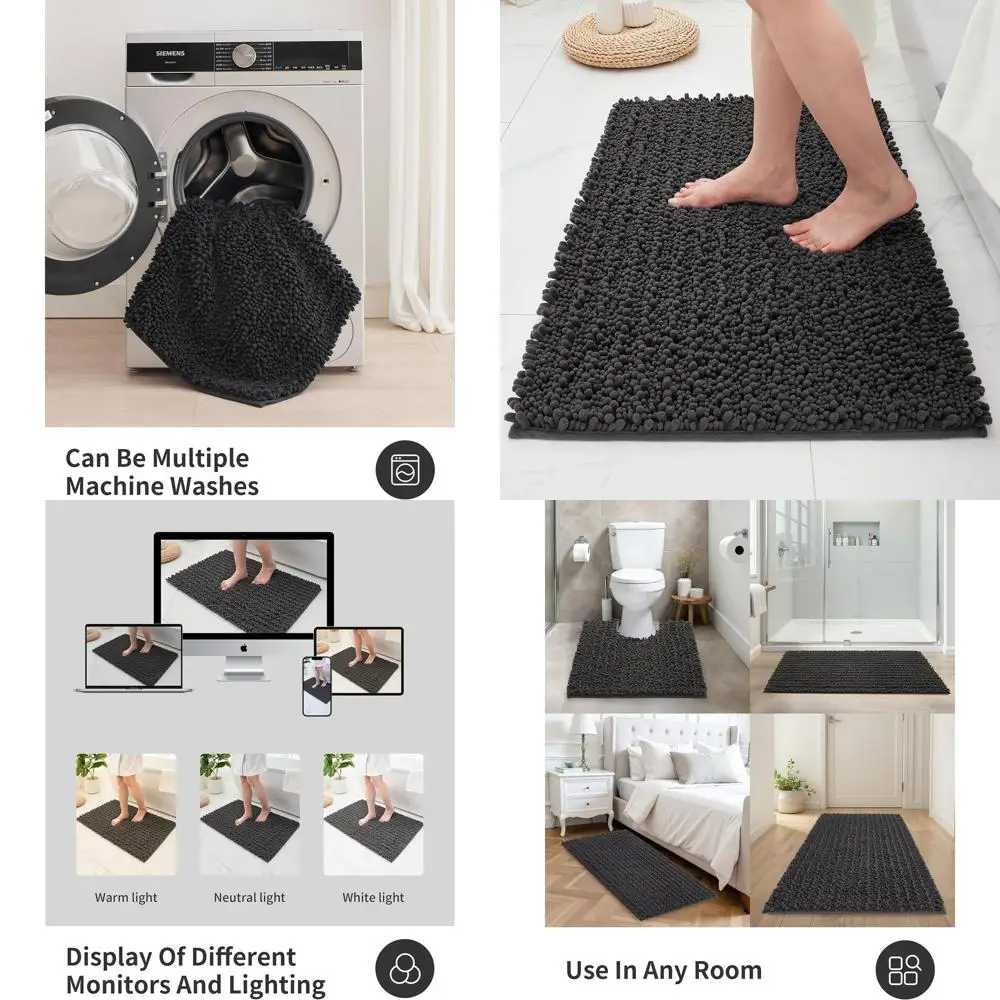 

Soft and Thick Dark Grey Chenille Bath Mat, 36x24 Inches, Non-Slip, Quick Dry, Machine Washable for Bathroom and Shower