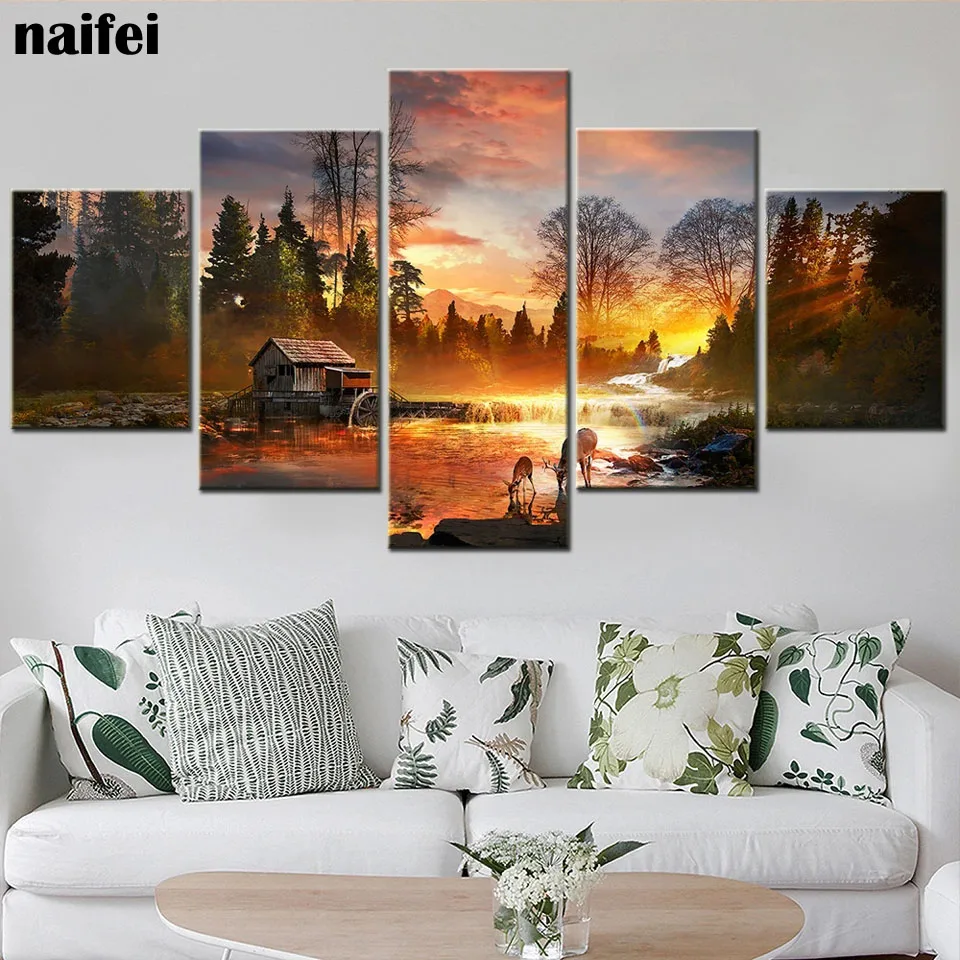 Diy Diamond Painting Nature River Deer Sunset Scenery Wall Art  Landscape Full Rhinestones Mosaic Picture For Living Room Decor