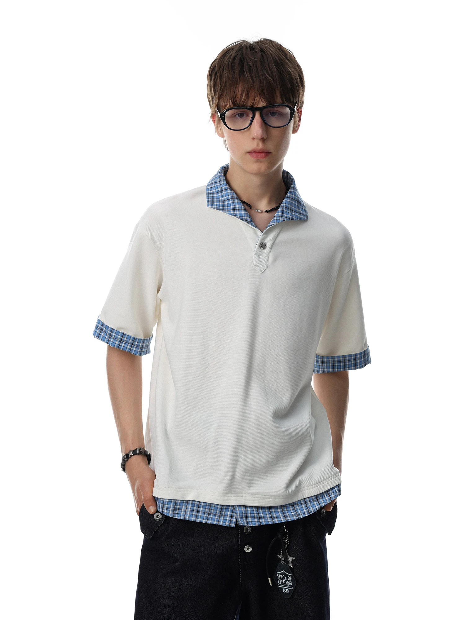 American Retro Plaid Splicing Fake Two-Piece  Shirt Men's Loose Versatile Short Sleeve Turn-down Collar Breathable Cotton...