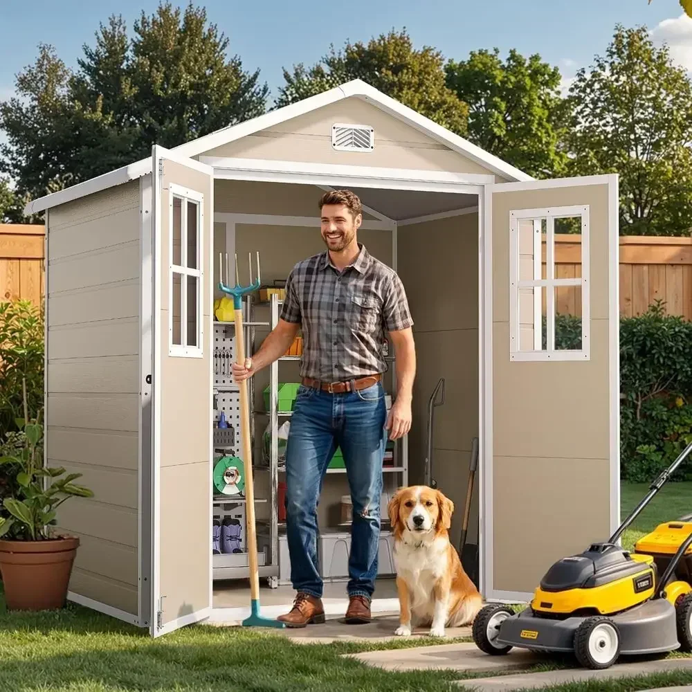 6x4.4ft Outdoor Plastic Storage Shed with 2 Windows, Suitable for Garden Tools, Mower, Lawn Equipment, Lockable, Beige