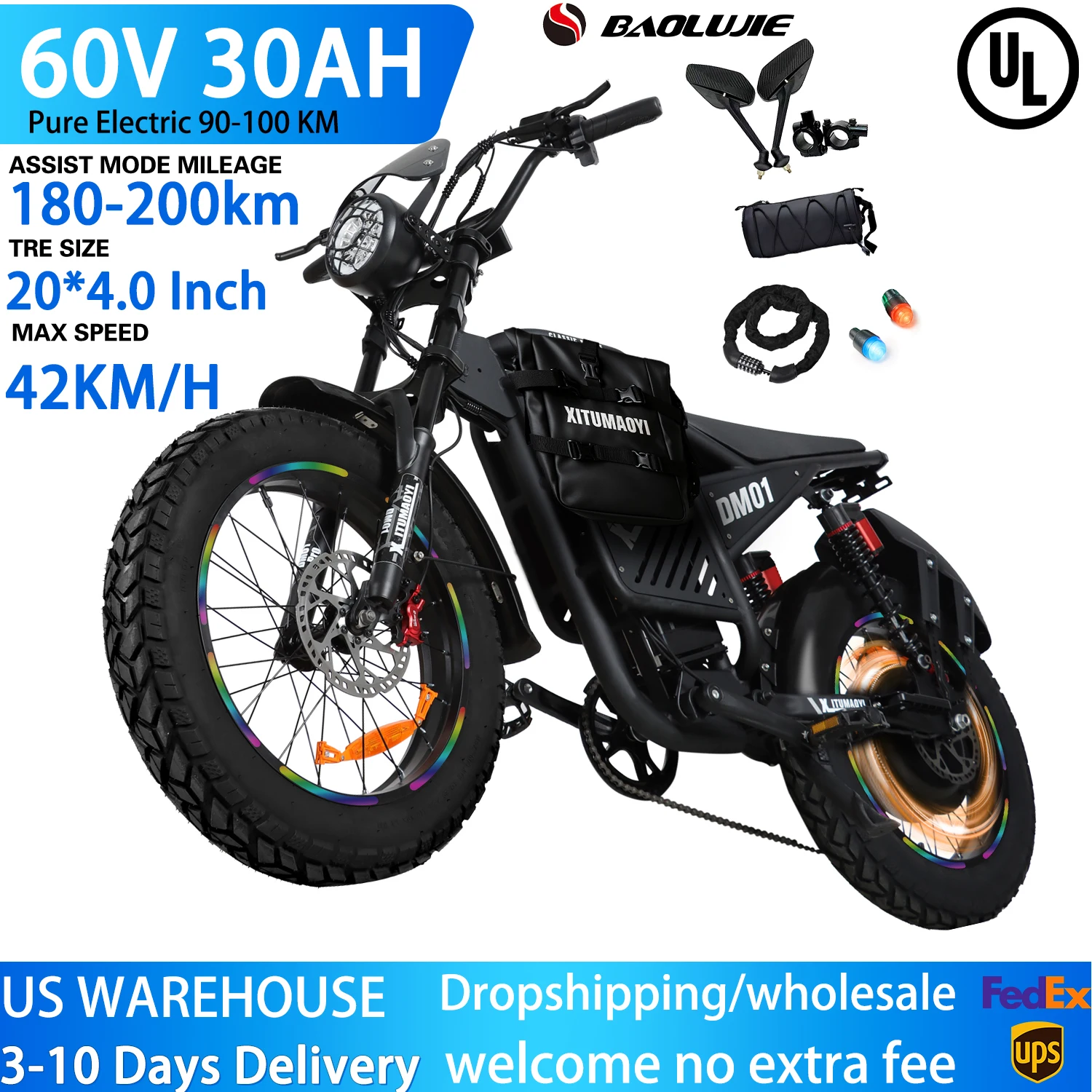 

Электрический велосипед 60 В, 30 Ач, аккумулятор, максимальная скорость, 42 миль в час, электрический мотоцикл, 20*4,0 дюймов, электронный велосипед с толстыми шинами, внедорожный электронный велосипед, электрический велосипед