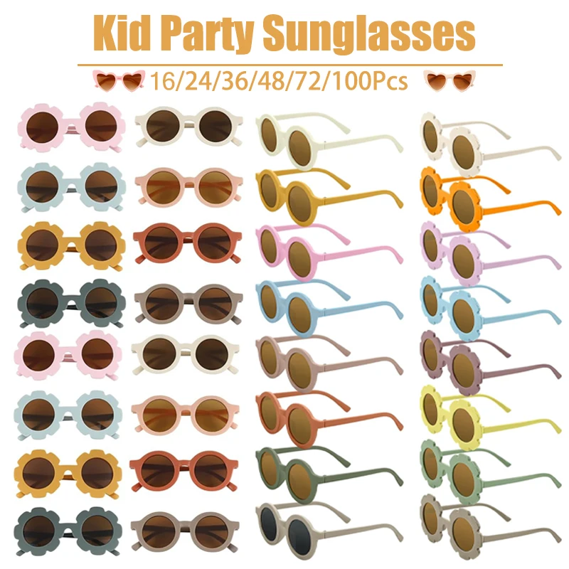 16-100 Uds. Gafas de sol para niños, recuerdos de fiesta, cumpleaños, niños, flores, redondas, en forma de corazón, gafas de sol para niñas y niños, regalos de fiesta en la playa